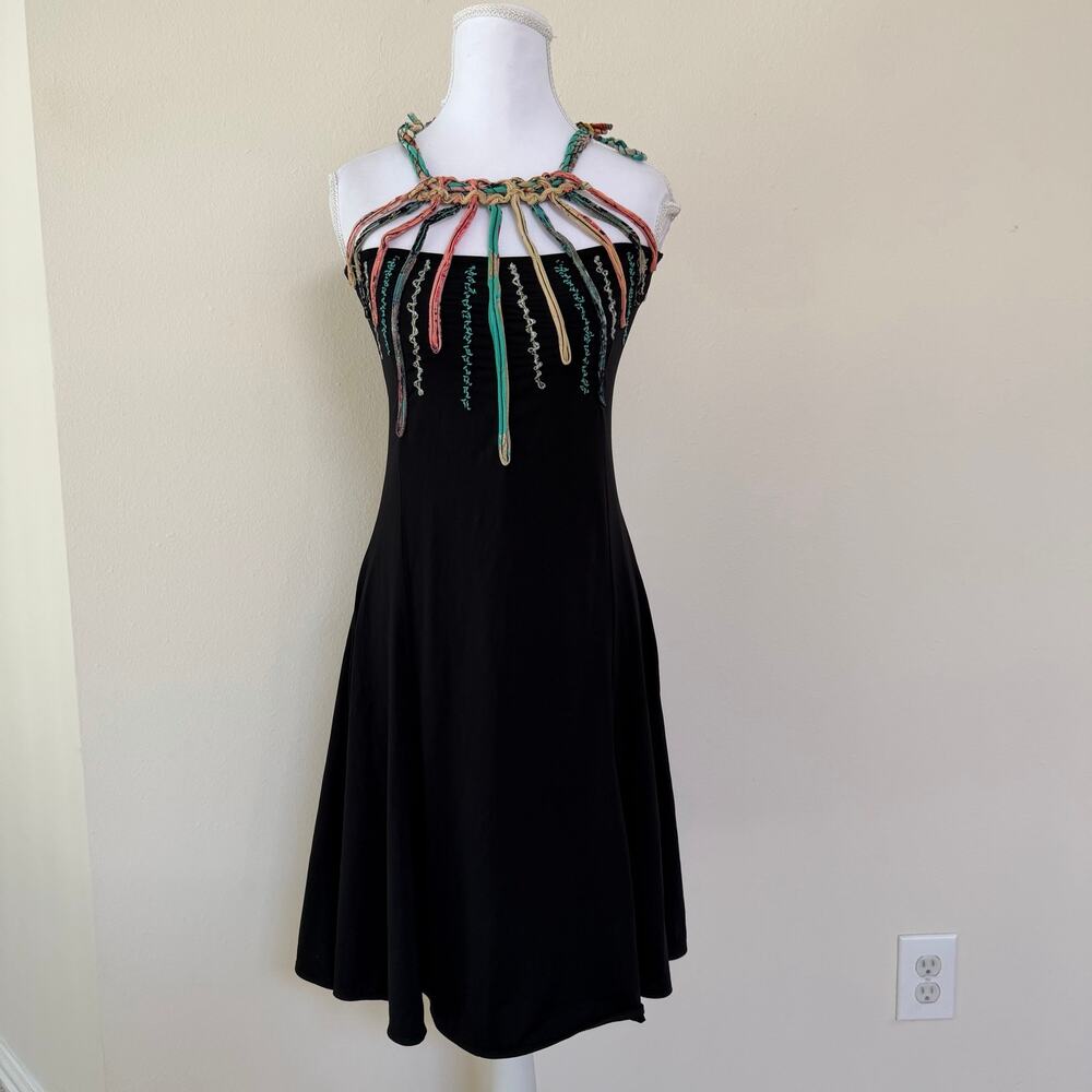 Save The Queen! Black Midi Dress Size S Colorful Fringed Straps Made in Italy
